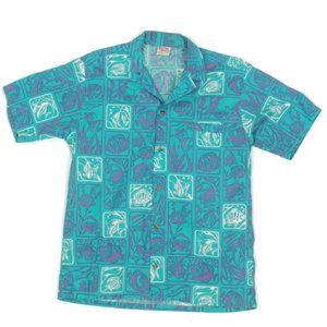 Barefoot Paradise Vintage 80s Hawaiian Shirt Turquoise Aloha Purple size M - 173